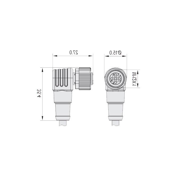 M12 4Pin、母头90°、单端预铸电缆、防焊渣PUR材质、黄色护套、64T061-XXX